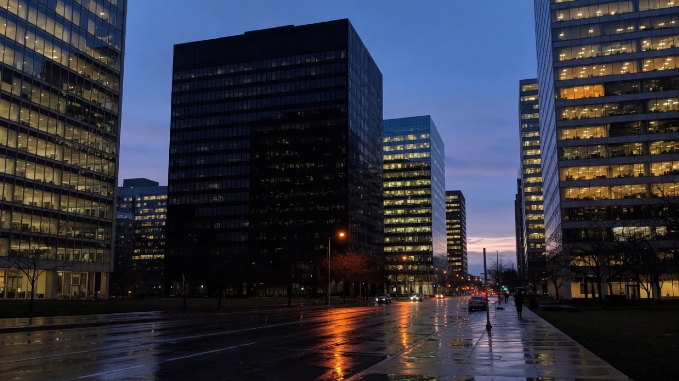 One dark office tower among lit glass buildings on a wet street at dusk, an original illustration of one failed company inside a broad world index