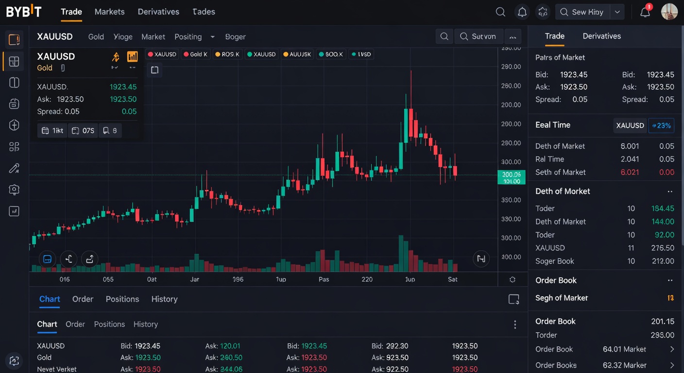 Bybit trading platform showing XAUUSD gold chart with candlesticks