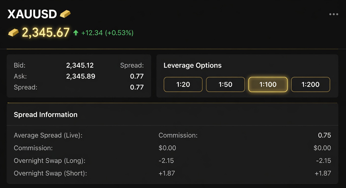 Bybit TradFi XAUUSD instrument details showing leverage and spread information