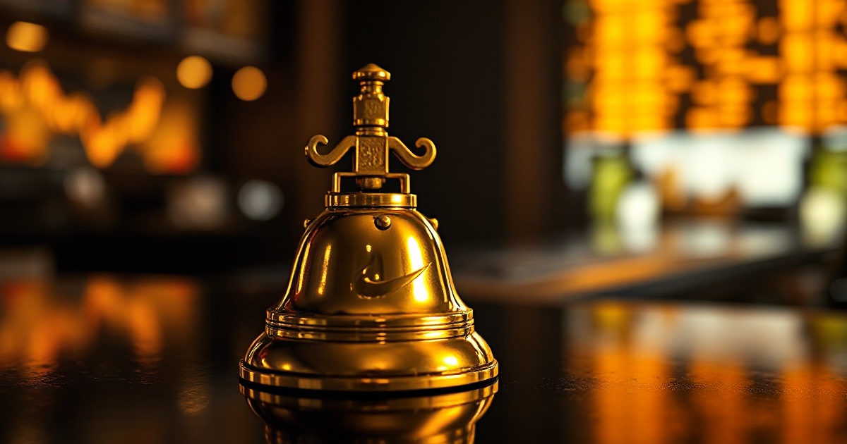 A polished brass closing bell on a dark reflective trading desk under dramatic warm amber rim light with a softly glowing market ticker board in the bokeh background, illustrating the June 15 2026 ThriveInMarkets evening review as the US cash session closed with the Nasdaq Composite up 3.07 percent to a record 26,683.94, the S&P 500 up 1.65 percent to a record 7,554.29 and the Dow Jones Industrial Average up about 469 points to 51,671.03 on the completed US-Iran peace deal, while Bitcoin held near 66,640 dollars and gold firmed near 4,339 dollars ahead of the Bank of Japan decision Tuesday and the Federal Reserve dot plot Wednesday