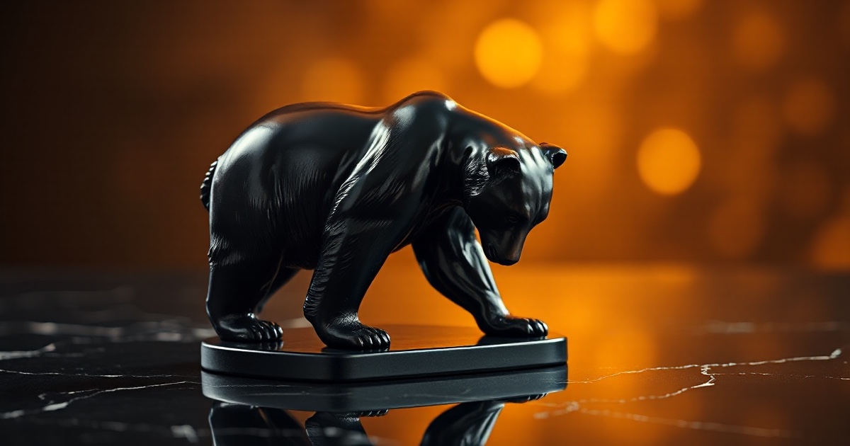 A polished dark bronze bear statue with its head lowered stands on a dark reflective marble surface under dramatic warm amber rim light with soft golden bokeh, illustrating the June 17 2026 ThriveInMarkets evening review as US stocks fell broadly after the Federal Reserve held rates at 3.50 to 3.75 percent but delivered a hawkish dot plot, with the Dow down about 507 points to 51,492.55, the S&P 500 down 1.21 percent to 7,420.10 and the Nasdaq down 1.34 percent to 26,021.66 while the two-year Treasury yield surged to 4.216 percent, SpaceX reversed earlier gains to fall about 5 percent, Bitcoin eased to 64,296 dollars and gold tumbled to 4,265.17 dollars