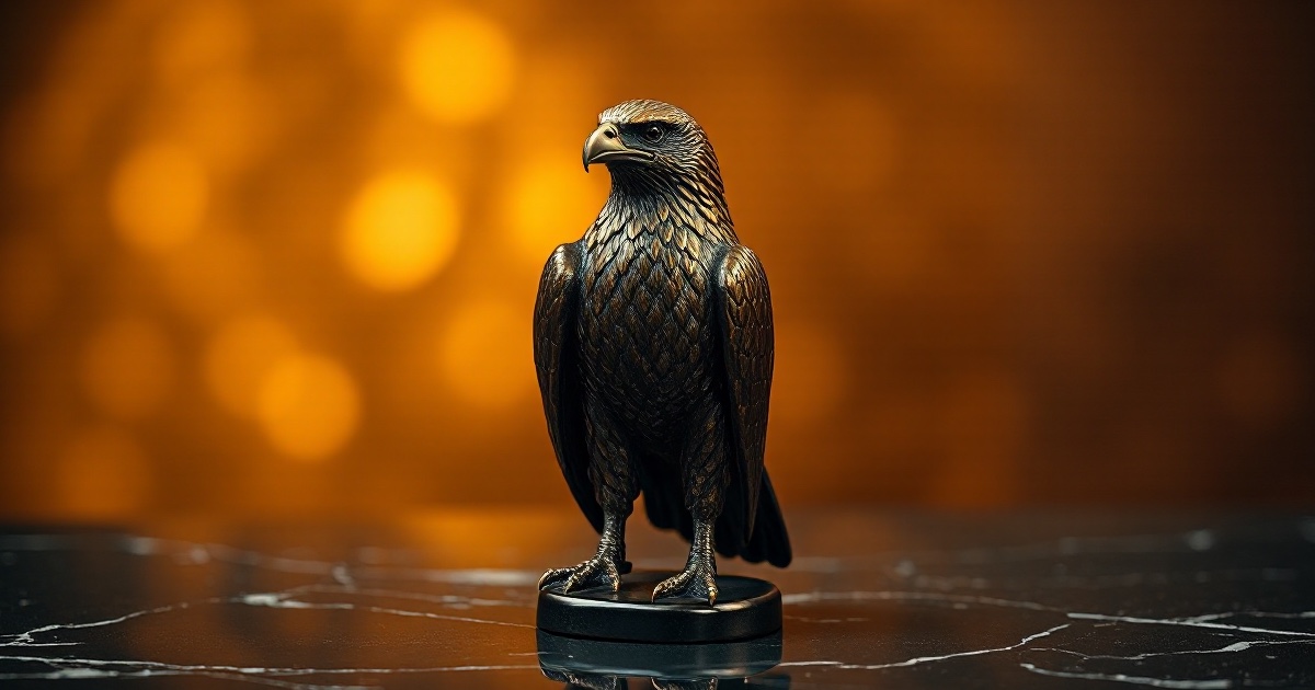 A majestic polished bronze hawk statue perched on a dark reflective marble surface under dramatic amber and gold rim light with soft golden bokeh, illustrating the June 17 2026 ThriveInMarkets evening review as Federal Reserve Chair Kevin Warsh held the policy rate at 3.50 to 3.75 percent but delivered a hawkish dot plot whose median year-end estimate jumped to 3.8 percent from 3.4 percent in March, with nine of eighteen officials projecting rates above the current range, sending the Dow Jones Industrial Average down 0.98 percent or about 507 points to 51,492.55, the S&P 500 down 1.21 percent to 7,420.10 and the Nasdaq Composite down 1.34 percent to 26,021.66, while the two-year Treasury yield surged about 16 basis points to 4.216 percent, Bitcoin eased to about 64,296 dollars, Ethereum to 1,739 dollars, spot gold tumbled 1.53 percent to 4,265.17 dollars and WTI crude slipped to 75.68 dollars