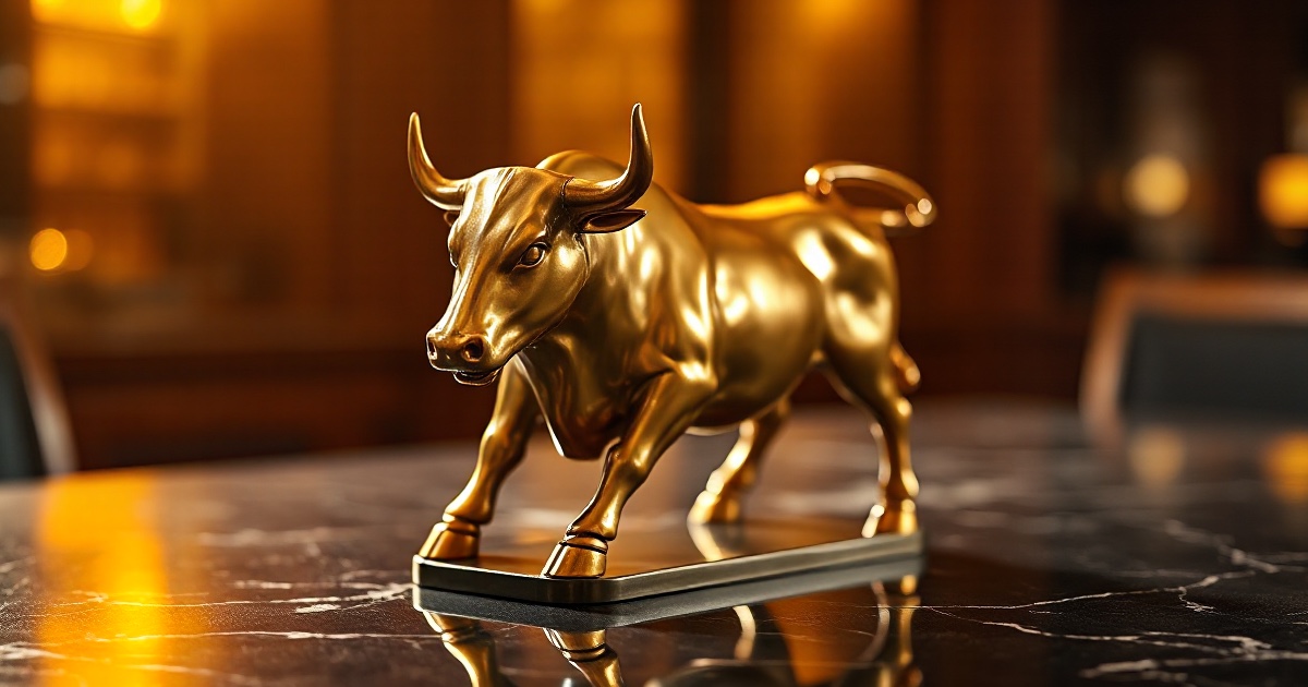 A polished brass bull statue stands on a dark reflective marble desk under dramatic amber and gold side light with soft glowing bokeh, illustrating the June 19 2026 ThriveInMarkets evening review as a thin Juneteenth holiday tape saw WTI crude rebound to about 77.33 dollars on a Lebanon flare-up that rattled the week-old US-Iran deal, while Bitcoin dipped toward 62,300 dollars before steadying near 63,000 dollars, Ethereum held near 1,701 dollars, spot gold eased about 1.25 percent to roughly 4,155 dollars and US stock and bond markets stayed closed with the S&P 500 last at 7,500.58 and the Nasdaq at 26,517.93