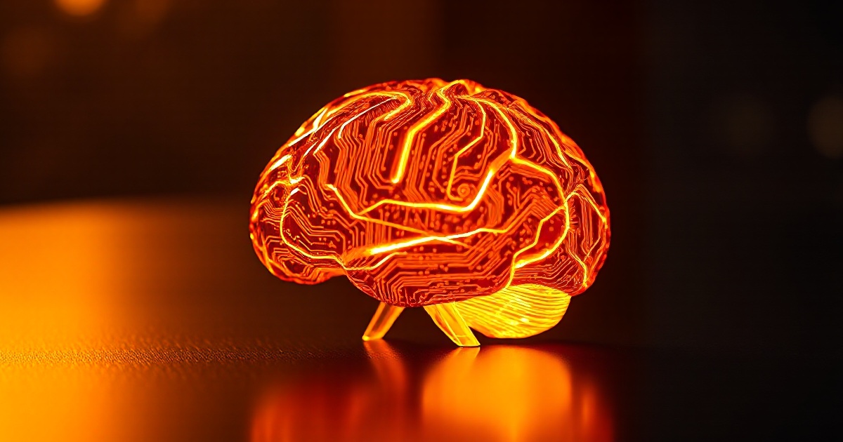 A glowing amber human brain sculpture formed from intricate circuit board traces rests on a dark reflective black surface under dramatic warm gold rim light with soft glowing bokeh, illustrating the June 22 2026 ThriveInMarkets evening review as the AI trade splits, with Alphabet shedding about 269 billion dollars after two leading Google AI researchers including a Nobel laureate left for rival labs, dragging the Nasdaq Composite down 1.32 percent to 26,166.60, while Micron closed at a record up about 6 percent on a multi-year memory supply partnership with Anthropic ahead of its fiscal third-quarter earnings on Wednesday June 24