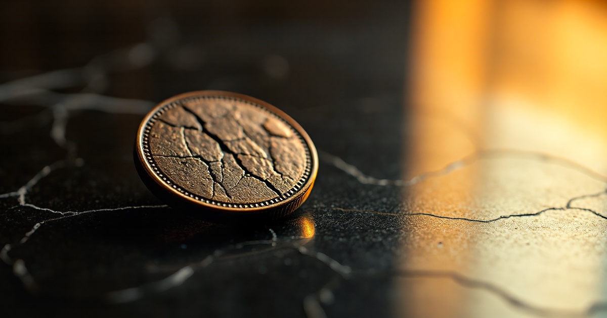 A single tarnished cracked bronze coin lying on its side on a dark reflective black marble surface under dramatic warm amber and gold rim light with soft glowing bokeh, illustrating the Tuesday June 30 2026 ThriveInMarkets evening review as Bitcoin diverged from Wall Street's record-setting rally and slipped back below 59,000 dollars near 58,619 dollars, down about 1.6 percent over 24 hours with the Crypto Fear and Greed Index still mired in extreme fear, while Ethereum fell about 2 percent toward 1,573 dollars near multi-year lows