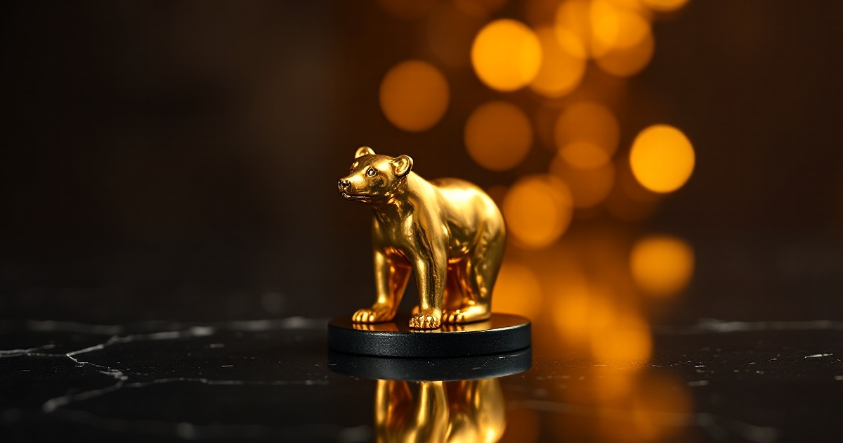 A single polished golden bear figurine standing on a dark reflective black marble base under dramatic warm amber and gold rim light with soft glowing bokeh, illustrating the Wednesday July 1 2026 ThriveInMarkets evening review as US stocks eased to start the third quarter with the Nasdaq Composite down 0.66 percent on semiconductor profit-taking and the S&P 500 slipping 0.22 percent to 7,483.23, while Caterpillar fell about 7 percent and the Dow faded from an intraday record