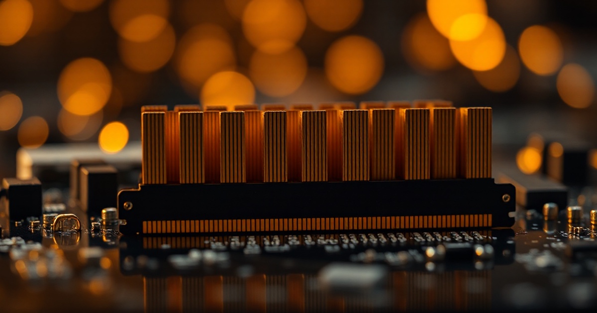 A neat row of upright golden computer memory modules standing on a dark reflective circuit board under dramatic warm amber and gold rim light with soft glowing golden bokeh, illustrating the ThriveInMarkets coverage of the semiconductor-led rally on Thursday July 9 2026 as the VanEck Semiconductor ETF climbed 2.5 percent with Micron Technology up 4.5 percent and Sandisk up 7.6 percent, powering the S&P 500 to a record close of 7,543.64 and the Nasdaq Composite up 1.30 percent to 26,206.89 even as the United States and Iran traded fresh strikes and WTI crude slid 2.3 percent to 71.82 dollars
