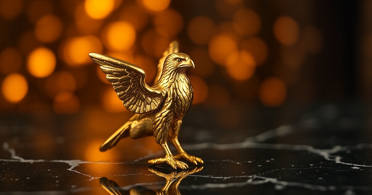 A polished golden metal hawk figurine with folded wings perched on a dark reflective black marble surface under dramatic amber and orange rim light with soft glowing golden bokeh behind it, symbolising the hawkish hold delivered by the Federal Open Market Committee on Wednesday July 29 2026, when a divided Fed left its benchmark rate at 3.50 to 3.75 percent by a 9 to 3 vote with three officials dissenting in favour of a hike, sending the Dow Jones Industrial Average down 1,153 points or 2.19 percent to 51,594.14 for its worst session since April 2025, the S&P 500 down 1.52 percent to 7,316.15 and the Nasdaq Composite down 1.74 percent to 24,442.94 into correction territory as the 10-year Treasury yield jumped above 4.67 percent