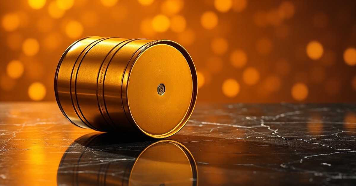 A single golden metal oil barrel drum lying tipped over on its side on a dark reflective black marble surface under dramatic warm amber and orange rim light with soft glowing golden bokeh behind it, symbolising West Texas Intermediate crude falling about 6 percent to near 79.60 dollars on Monday August 3 2026 after President Trump paused a planned strike on Iran and OPEC+ raised output