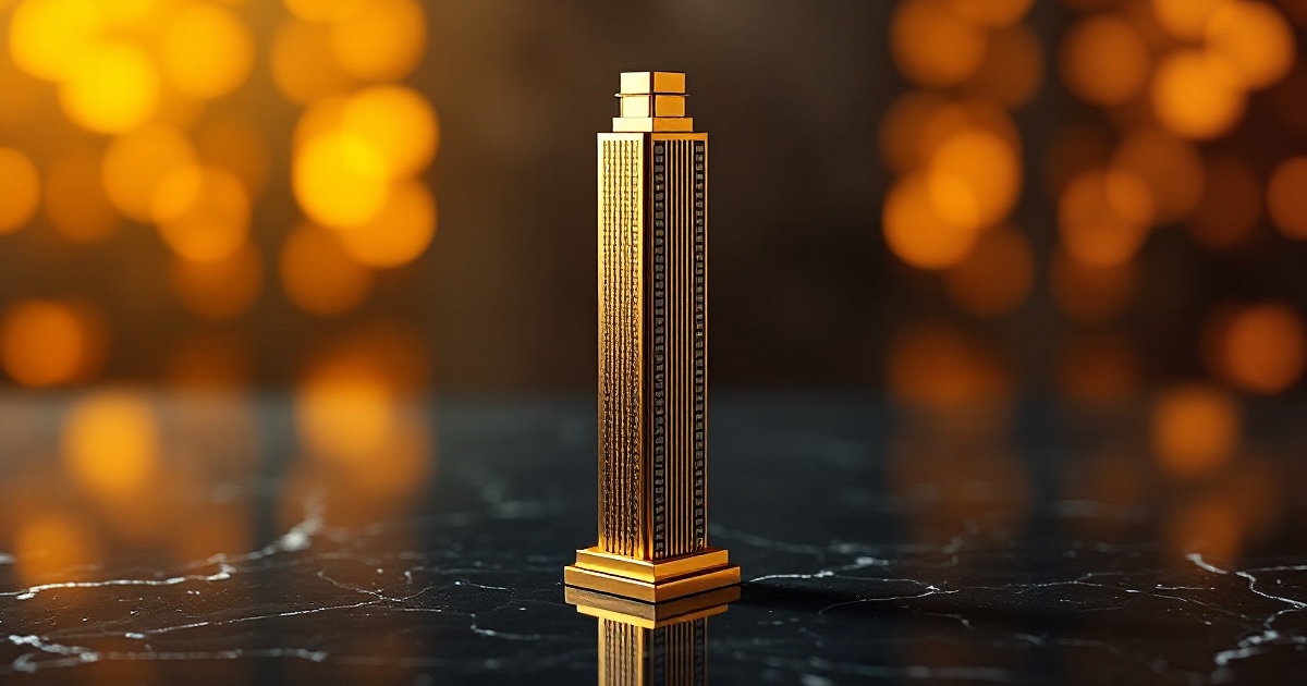 A single tall polished golden skyscraper office tower building standing upright on a dark reflective black marble surface under dramatic warm amber and gold rim light with soft glowing golden bokeh behind it, symbolising the Dow Jones Industrial Average's fresh record close at 54,349.12 on Wednesday August 5 2026 even as the S&P 500 and Nasdaq slipped and SpaceX fell about 14 percent