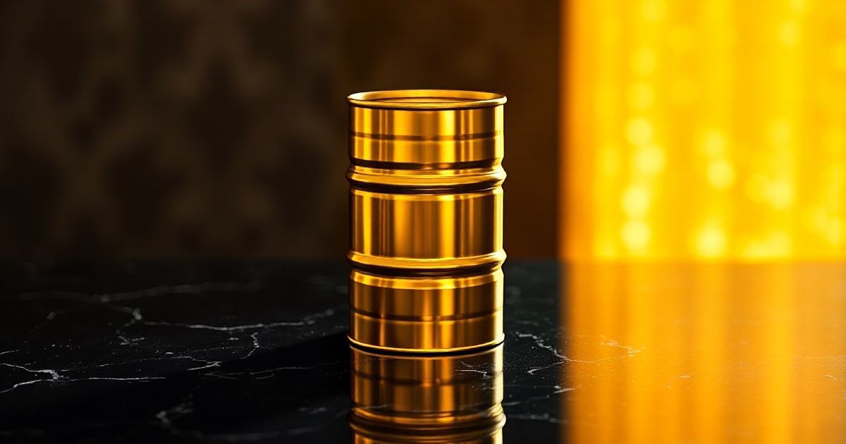 A single polished golden metal oil barrel drum standing upright on a dark reflective black marble surface under dramatic warm amber and gold rim light with soft glowing golden bokeh behind it, symbolising West Texas Intermediate crude jumping about 4 percent to near 78 dollars on Thursday August 6 2026 as renewed Strait of Hormuz tension put a war premium back into oil and lifted Treasury yields, pressuring the Dow to snap its record win streak