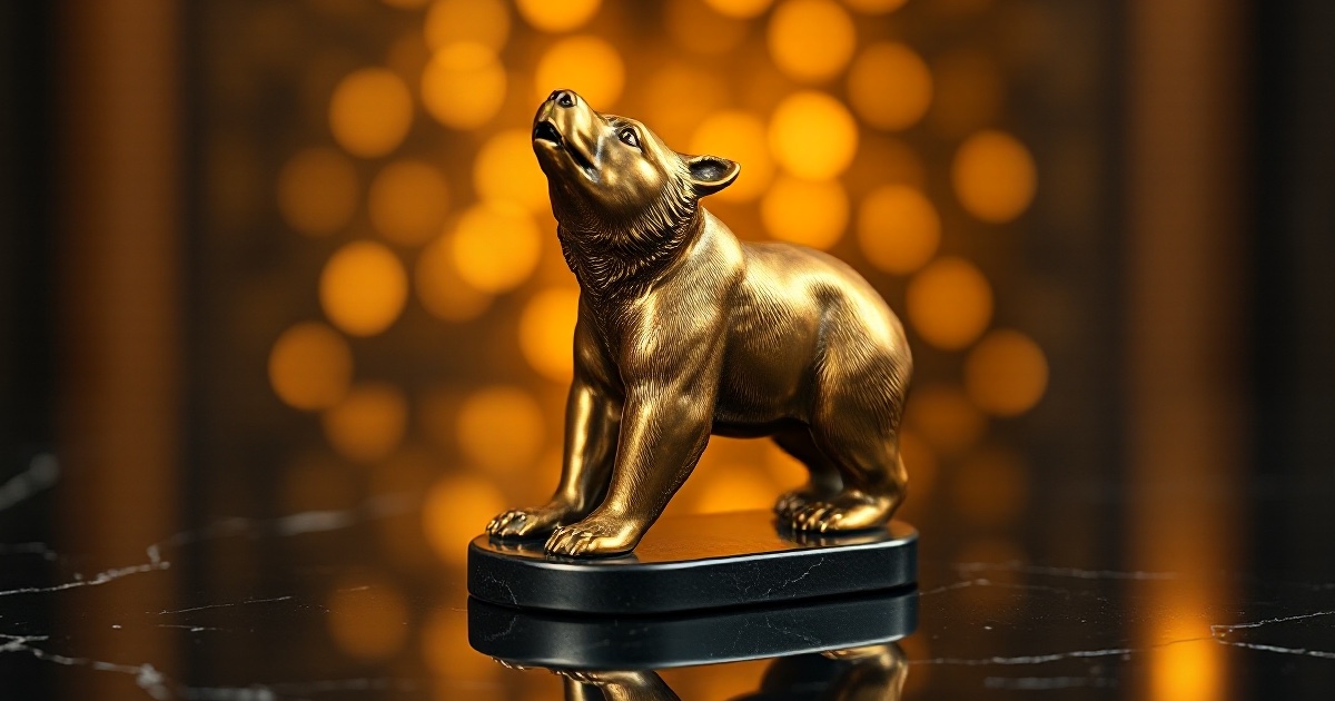 A single polished golden bronze charging bear statue standing on a dark reflective black marble surface under dramatic warm amber and gold rim light with soft glowing golden bokeh behind it, marking the ThriveInMarkets evening review for Thursday August 6 2026, the session when the Dow Jones Industrial Average snapped its record-breaking win streak and closed down 464.02 points or 0.85 percent at 53,885.10 while the S&P 500 slipped 0.18 percent to 7,709.96 and the Nasdaq Composite eased 0.06 percent to 26,348.35 as West Texas Intermediate crude jumped about 4 percent to near 78 dollars on renewed Strait of Hormuz tension and Treasury yields climbed, AppLovin sank about 20 percent and Peloton fell about 13 percent on earnings while Moderna gained about 4 percent on an FDA flu-vaccine approval and IonQ rose about 3.8 percent, gold eased to near 4,245 dollars, Bitcoin traded near 64,410 dollars and Ether near 1,906 dollars
