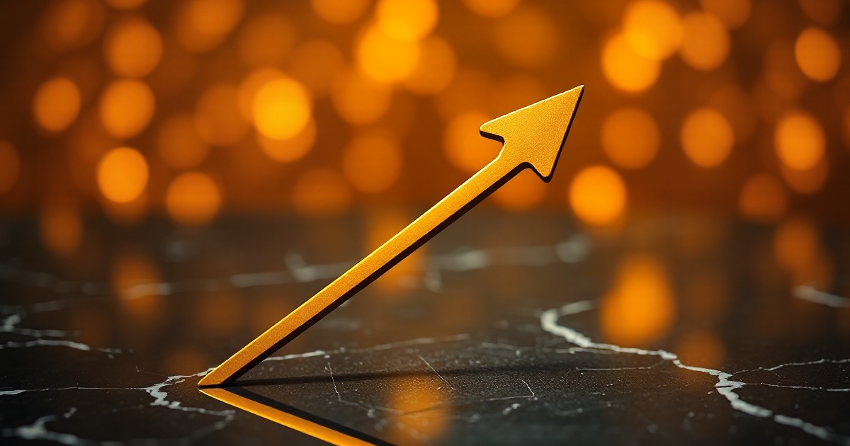 A single tall polished golden upward arrow soaring diagonally on a dark reflective black marble surface under warm amber and gold rim light with soft glowing golden bokeh behind it, symbolising the S&P 500 climbing to a record close of 7,757.64 and gold surging about 2 percent to near 4,338 dollars on Friday August 7 2026 after the July jobs report showed the US economy lost 23,000 jobs, reviving Federal Reserve rate-cut hopes and sending Treasury yields lower