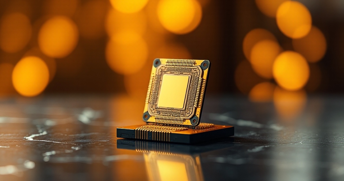 A single polished golden computer microchip processor standing upright on a dark reflective black marble surface under dramatic amber and gold rim light with glowing golden bokeh behind it, symbolising the near 3 percent drop in Nvidia on Monday August 10 2026 that erased roughly 104 billion dollars of market value after a Financial Times report the chipmaker is working with Apollo Global and Blackstone on a 500 billion dollar artificial intelligence infrastructure funding package, a slide that dragged the Nasdaq Composite to the back of the major indexes ahead of CoreWeave and Applied Materials earnings later in the week