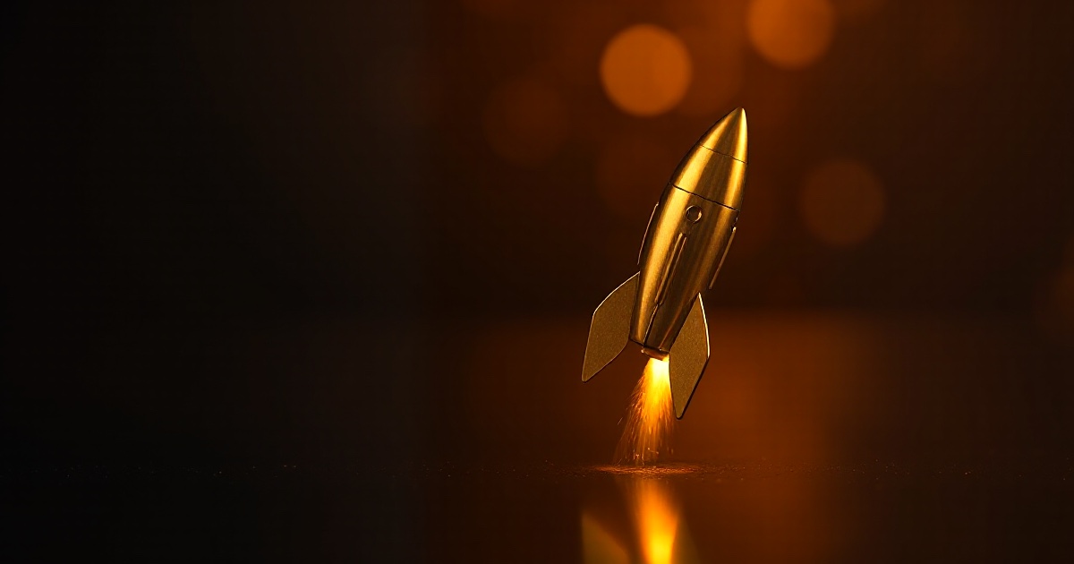 A single polished golden metallic rocket ship lifting off with a fiery amber exhaust plume against a dark reflective background under dramatic gold rim light with glowing golden bokeh, symbolising the after-hours pop in CoreWeave shares on Tuesday August 11 2026 after the artificial intelligence cloud provider reported second-quarter revenue of 2.58 billion dollars that topped Wall Street's 2.56 billion dollar estimate and more than doubled from a year earlier, up about 112 percent, alongside adjusted EBITDA of 1.51 billion dollars, a widened net loss of 626 million dollars, a 104 billion dollar revenue backlog and new business with Anthropic and Meta, sending the stock up roughly 10 percent in extended trading after a 2.42 percent gain in the regular session