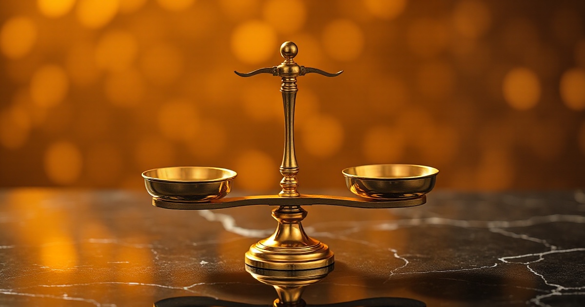 A single elegant golden balance scale with two empty pans resting level on a dark reflective black marble surface under dramatic amber and gold rim light with glowing golden bokeh behind it, symbolising the balanced in-line July Consumer Price Index released Wednesday August 12 2026 that showed headline prices up 0.1 percent on the month and 3.4 percent year over year with core inflation holding at 2.5 percent, a reading squarely on forecast that pulled real yields lower and sent gold jumping about 1.19 percent to roughly 4,413 dollars near record territory while easing fears of another Federal Reserve rate move