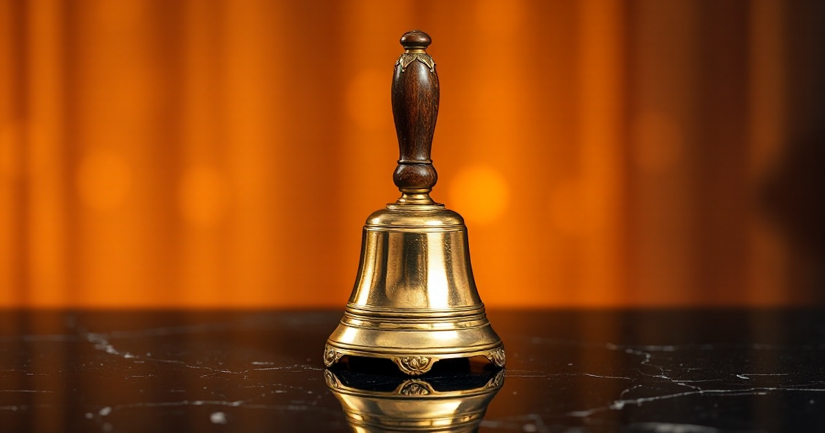 A single ornate polished brass ceremonial bell with a wooden handle standing upright on a dark reflective black marble surface under dramatic amber and gold rim light with glowing golden bokeh behind it, symbolising the closing bell on Wednesday August 12 2026, a session in which US stocks edged higher after the July Consumer Price Index landed broadly in line with forecasts, headline prices rising 0.1 percent on the month and easing to 3.4 percent year over year while core CPI rose 0.2 percent and held at 2.5 percent annually, cooling fears of another Federal Reserve rate move and leaving the S&P 500 up 0.25 percent at 7,747.46 just below Friday's record 7,757.64, the Nasdaq Composite up 0.54 percent at 26,588.49 and the Dow Jones Industrial Average essentially flat at about 53,770.27 down 0.04 percent, while gold jumped about 1.19 percent to roughly 4,413 dollars near a record, West Texas Intermediate crude firmed for a fifth straight session near 83.50 dollars on US-Iran uncertainty, Bitcoin eased back below 64,000 dollars to near 63,369 dollars, Ether traded near 1,876 dollars and restaurant chain Cava surged about 16 percent on earnings