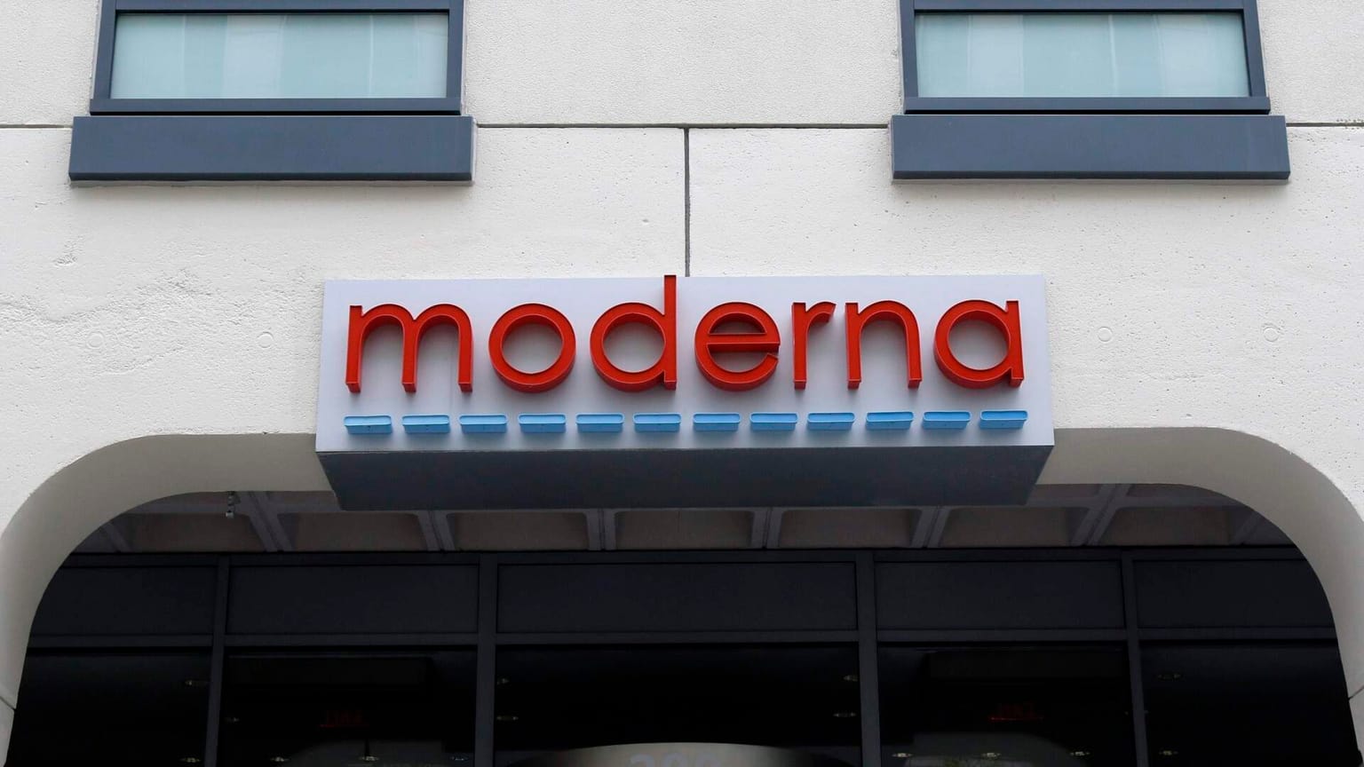 The Moderna sign on a Cambridge building, marking Wednesday August 19 2026 when Moderna shares closed about 177 percent higher at 174.38 dollars after the company and Merck said a personalized mRNA melanoma vaccine met late-stage goals on recurrence and spread