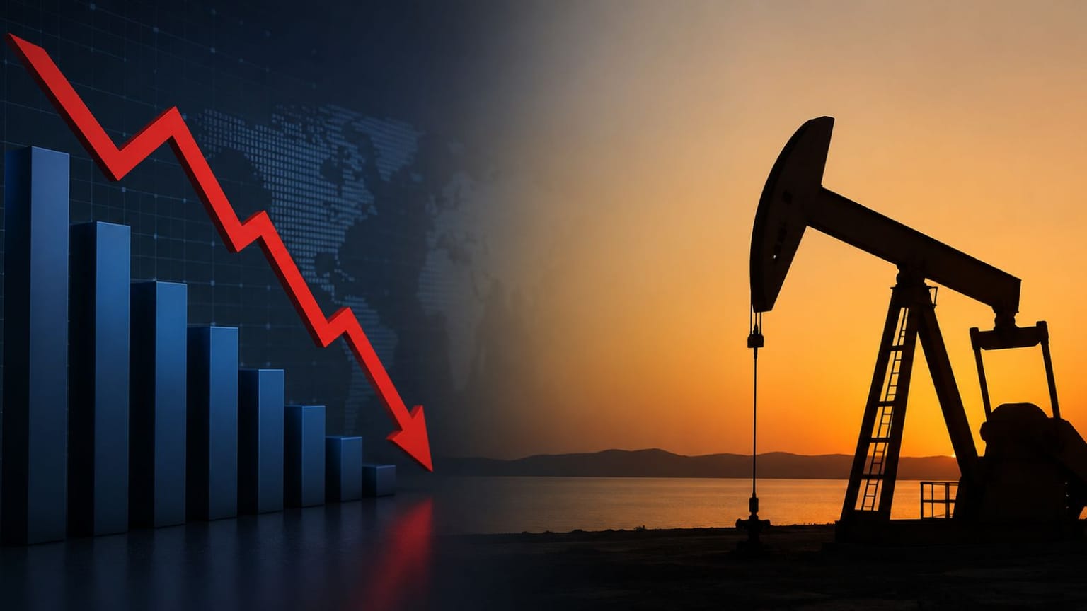 A pumpjack silhouetted at sunset beside a falling red oil-price chart, used as the ThriveInMarkets evening-review inline image for Tuesday August 25 2026, when West Texas Intermediate dropped about 5 percent to near 80.70 dollars after Monday's Bessent Iran-sanctions briefing was read as less forceful than feared