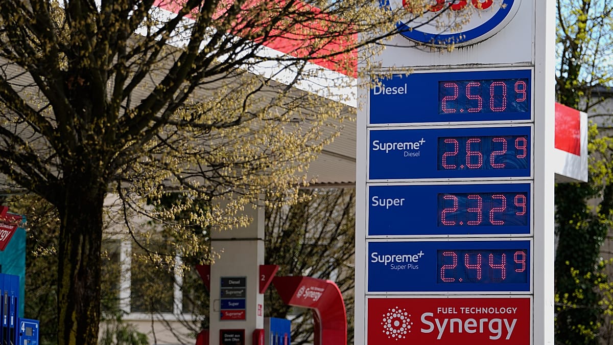 A German petrol-station price board showing diesel near 2.51 euros and Super near 2.33 euros, used as the ThriveInMarkets evening-review hero for Tuesday September 1 2026, when West Texas Intermediate surged through 90 dollars to about 90.74 after fresh US-Iran strikes and tanker reports in Hormuz, euro-area flash CPI jumped to 3.3 percent on a 14.3 percent energy print, and the S&P 500 closed 7,631, down 0.71 percent, through Monday's 7,664 low