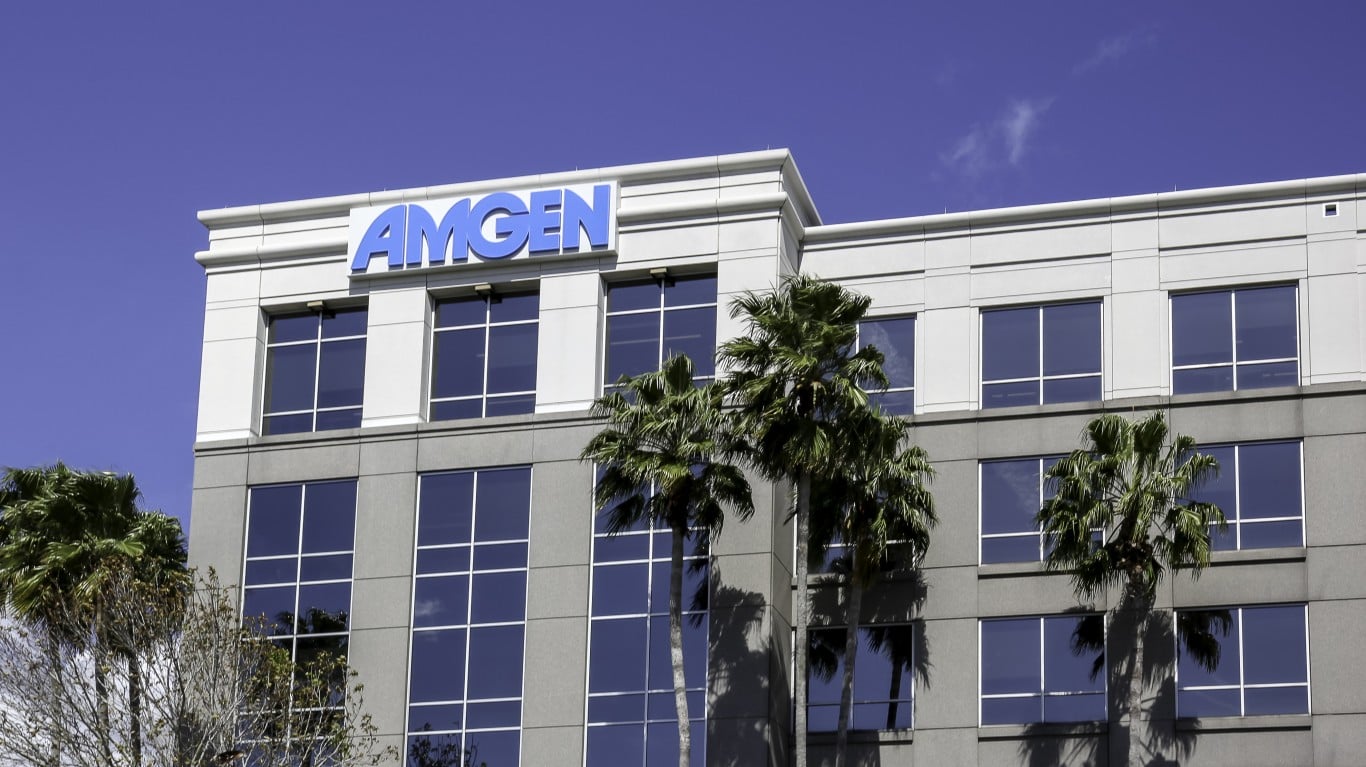 The Amgen headquarters building with palm trees against a clear sky, used as the ThriveInMarkets evening-review inline image for Tuesday September 8 2026, when Amgen fell about 10 percent after Novartis said pelacarsen missed its Phase 3 cardiovascular endpoint, dragging the Dow 628 points as health care led S&P sectors lower by 2.55 percent