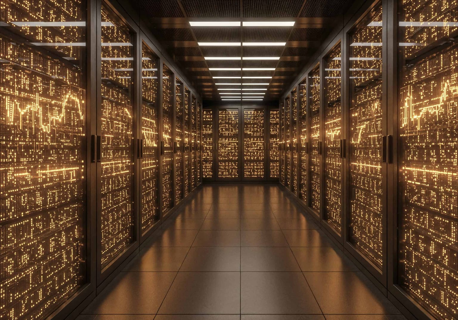 Rows of amber-lit server racks line a dark data-center aisle, used as the ThriveInMarkets evening-review hero for Friday September 11 2026, when Dell jumped about 10 percent to a record and Hewlett Packard Enterprise rose about 11 percent after Oracle guided 90 to 95 billion dollars of fiscal-year capital spending, the S&P 500 closed 7,656.98 snapping a four-day losing streak, and West Texas Intermediate settled 100.05 dollars