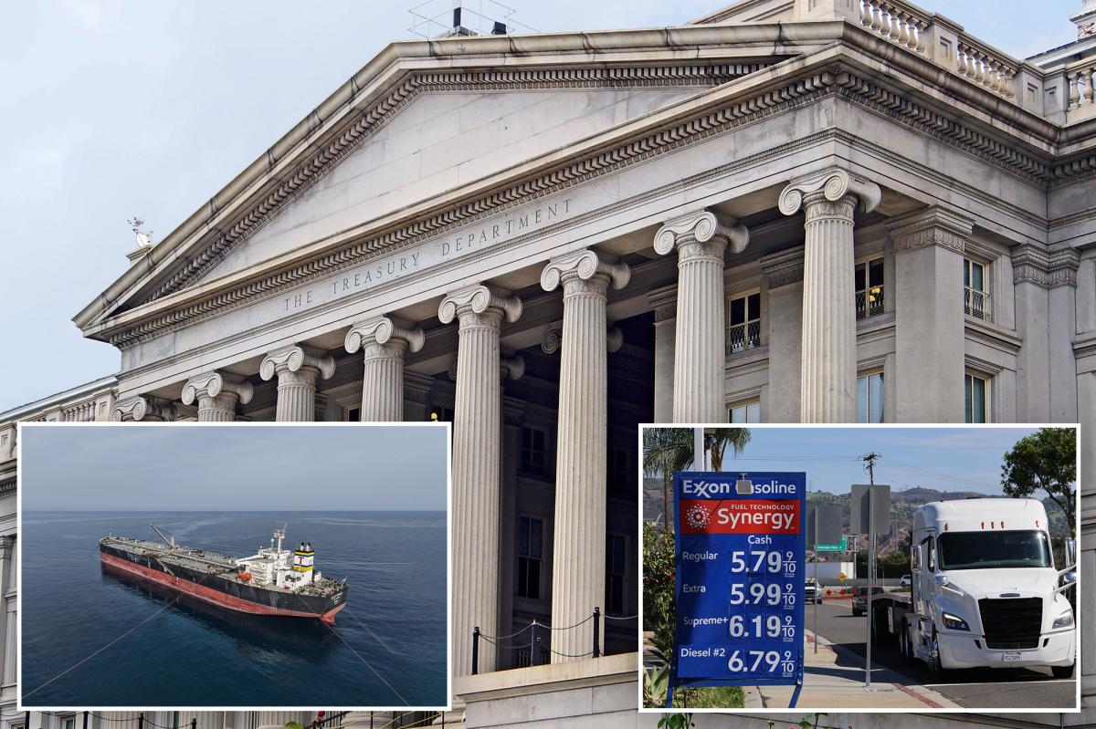 The US Treasury Department building with inset photos of an oil tanker at sea and an Exxon gasoline price board showing regular at 5.79 dollars, used as the ThriveInMarkets evening-review hero for Tuesday September 15 2026, when West Texas Intermediate last printed about 106 dollars after a 106.75 dollar high, the 10-year Treasury yield tagged 5.041 percent, and the S&P 500 closed 7,585.73