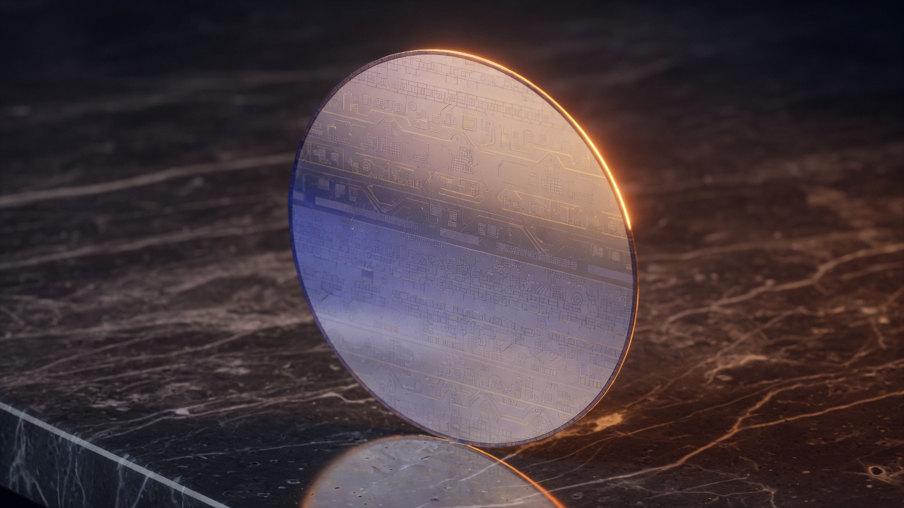 A polished circular silicon wafer stands on edge on dark marble under warm amber rim light, used as the ThriveInMarkets evening-review inline image for Tuesday September 22 2026, when the Nasdaq-100 closed 30,732.40 at a record, SanDisk surged about 7.2 percent, Micron added about 4 percent, and the Philadelphia semiconductor index rose for a sixth session