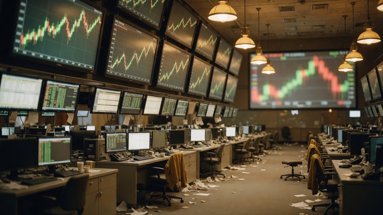 An empty New York trading floor after the close, rows of quote screens still lit, used as the ThriveInMarkets evening-review hero for Tuesday September 22 2026, when the Nasdaq Composite closed 27,243.24 at a second consecutive record, the S&P 500 finished 7,764.27 essentially unchanged, and West Texas Intermediate's expired October contract closed 94.59 dollars