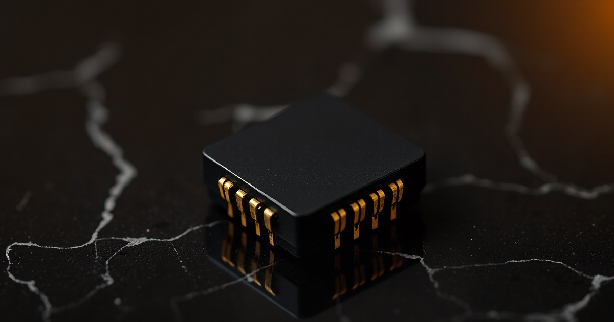 A black square silicon microchip with gold contact pins rests on dark reflective marble under amber rim light, used as the ThriveInMarkets evening-review inline image for Wednesday September 30 2026, when Micron reported fiscal fourth-quarter EPS of 33.42 dollars versus 31.06 dollars consensus and closed 1,065.06 dollars, essentially unchanged, ahead of after-hours digestion
