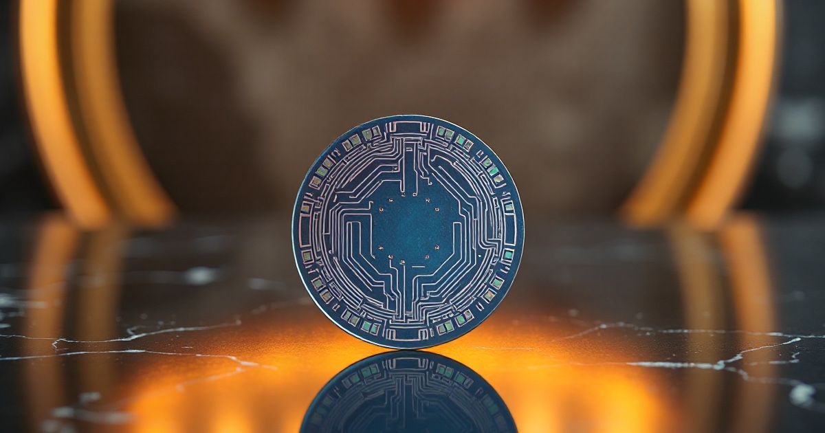 A circular silicon wafer with iridescent circuit traces standing on dark reflective marble under amber light, used as the ThriveInMarkets evening-review inline image for Tuesday October 13 2026, when the Philadelphia Semiconductor Index fell a fifth session and Applied Materials dropped about 6.7 percent