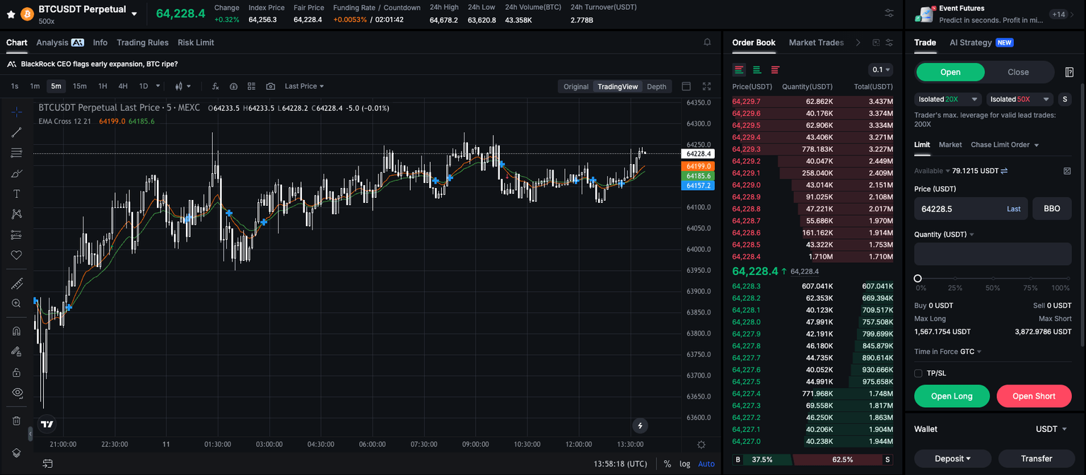 MEXC futures trading screen with leverage settings and perpetual contract order entry