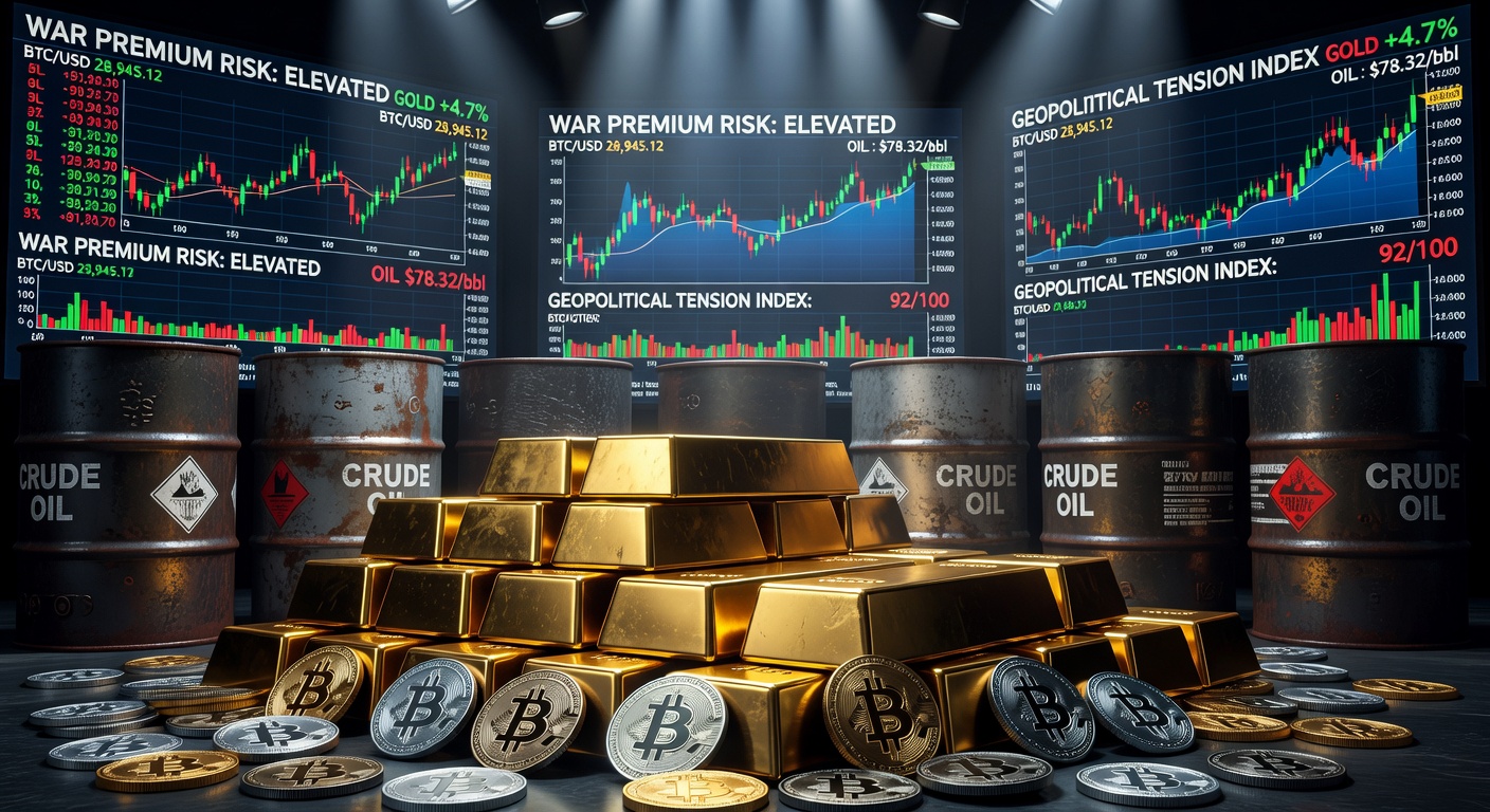 Gold bars, Bitcoin and oil barrels representing the market drivers of March 2026 amid Iran war