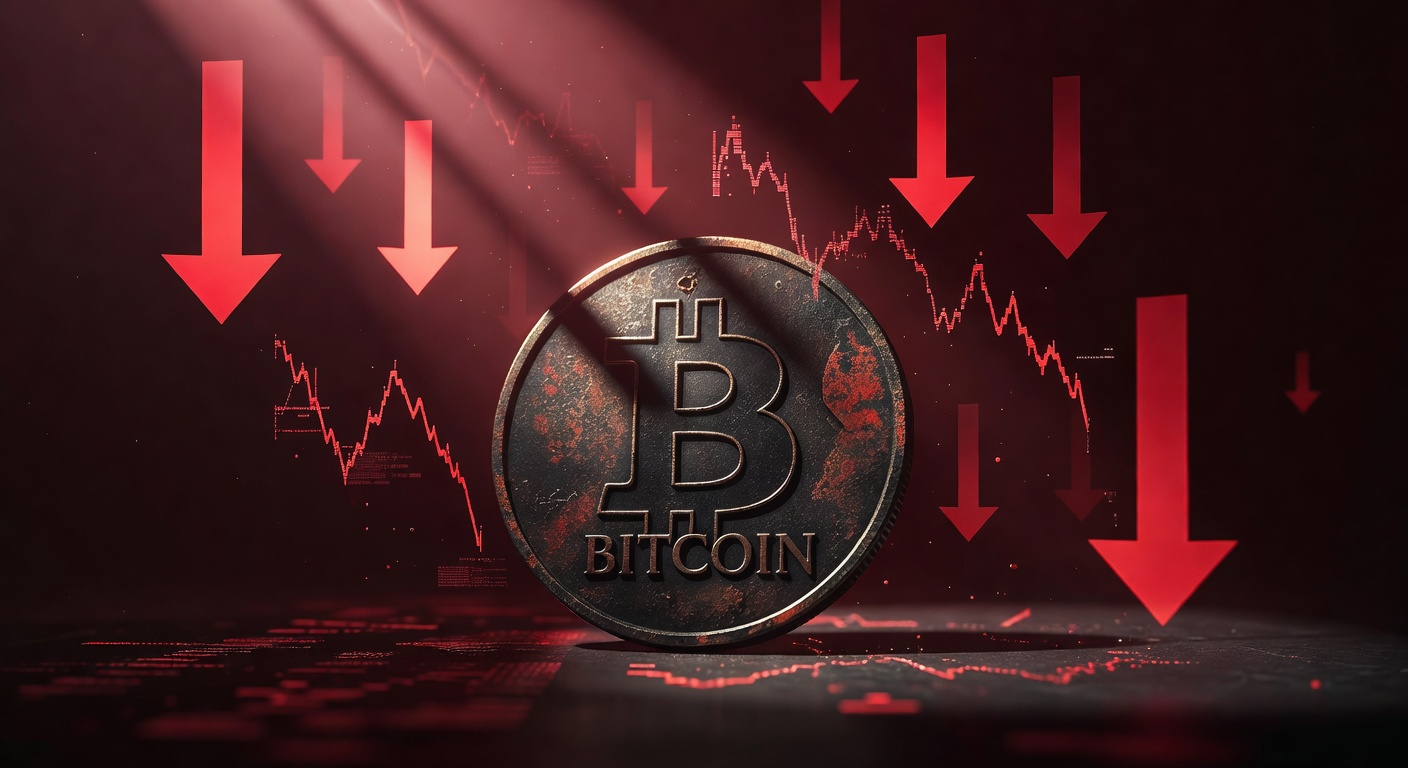Bitcoin with red downward arrows and extreme fear sentiment indicator