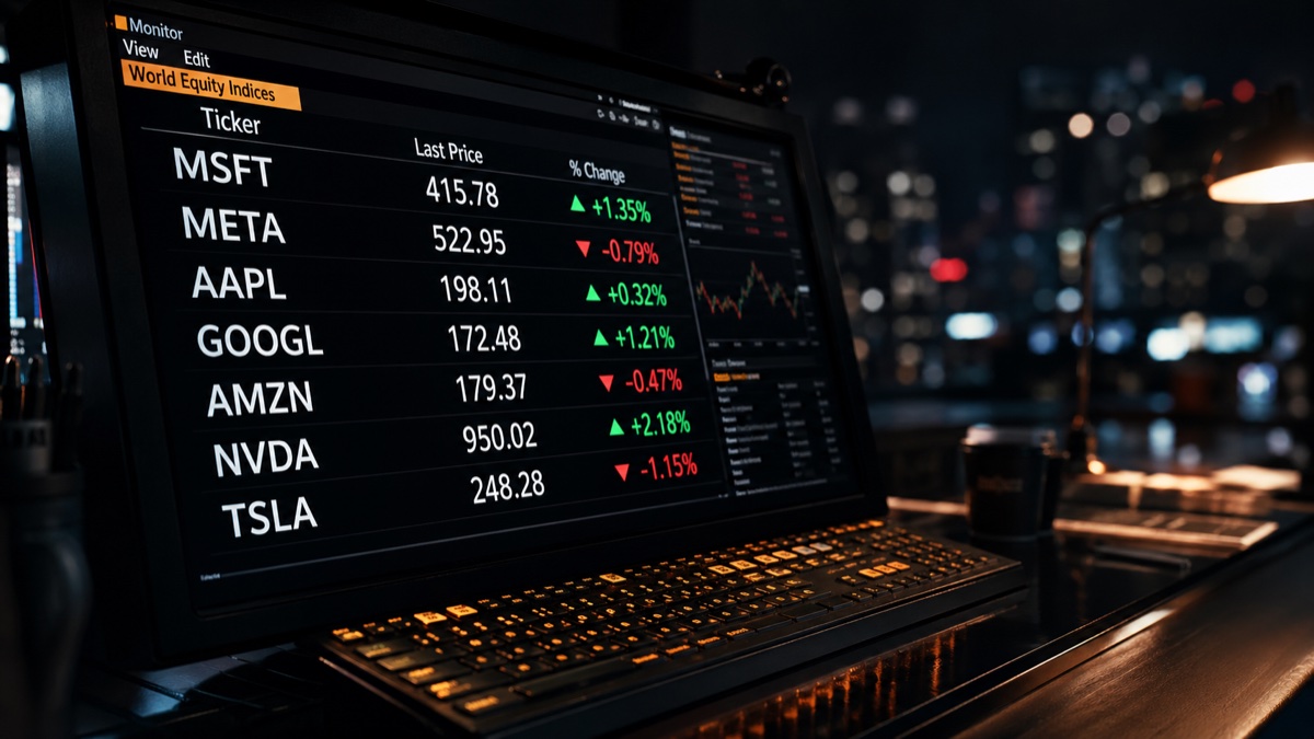 Magnificent 7 mega-cap tech stock tickers — MSFT, META, AAPL, GOOGL, AMZN, NVDA, TSLA — ahead of earnings night