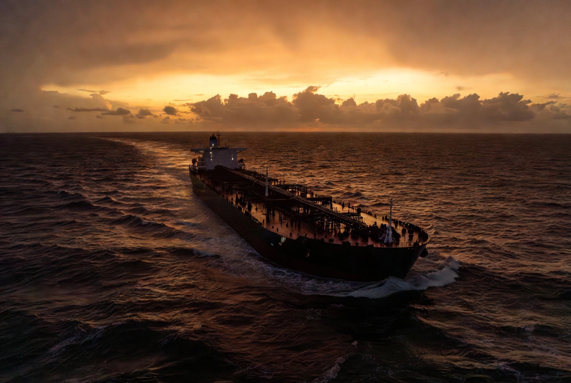 Cinematic aerial photograph of a massive crude oil supertanker cutting through dark choppy water at sunset with a dramatic amber and stormy-cloud sky, representing WTI testing $100 on the Iran-Hormuz risk premium after Trump rejected Iran's peace response and the Hormuz framework returned to the Trump-Xi summit agenda