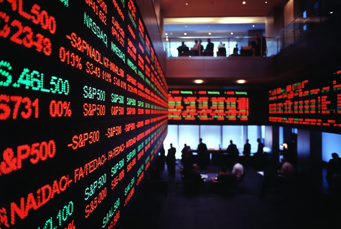 Wide-angle photograph of an exchange trading floor with a massive red and green LED ticker wall scrolling S&P 500 and Nasdaq quotes while traders work below, representing CPI day Tuesday May 12 2026 with the S&P 500 sitting on a fresh record close while oil tests $100 on the Iran-Hormuz premium, ThriveInMarkets morning analysis