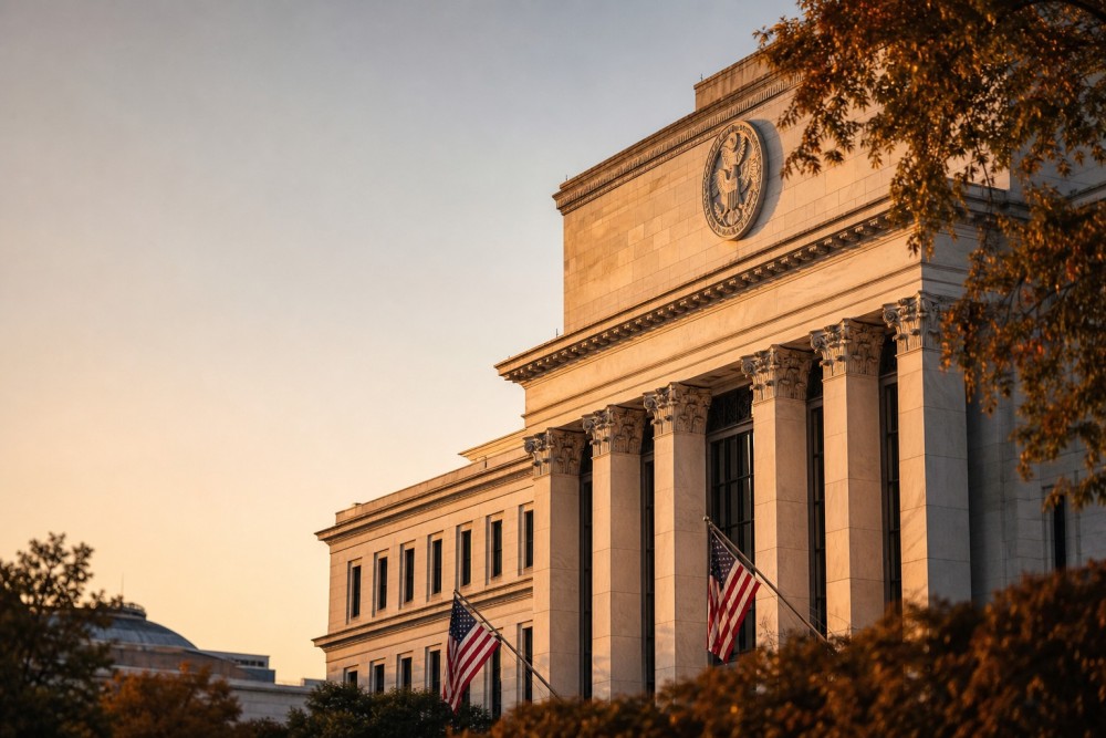 Photograph of the Federal Reserve building illustrating the April FOMC minutes released Wednesday May 20 2026 at 2:00 PM ET, the first set of minutes parsed under the new Kevin Warsh Fed Chair era after his 54-45 Senate confirmation on May 15, with the minutes from Jerome Powell's final meeting recording four official dissents the highest count since October 1992, split asymmetrically with Governor Stephen Miran dissenting in favor of an immediate rate cut and three other officials dissenting against the continued easing bias language in the policy statement, market pricing now showing less than 3 percent odds of a 2026 rate cut and CME FedWatch above 50 percent probability of a December rate hike and 58 percent for January as the 2026 cut window has effectively closed under sticky April CPI at 3.8 percent and PPI at 6.0 percent