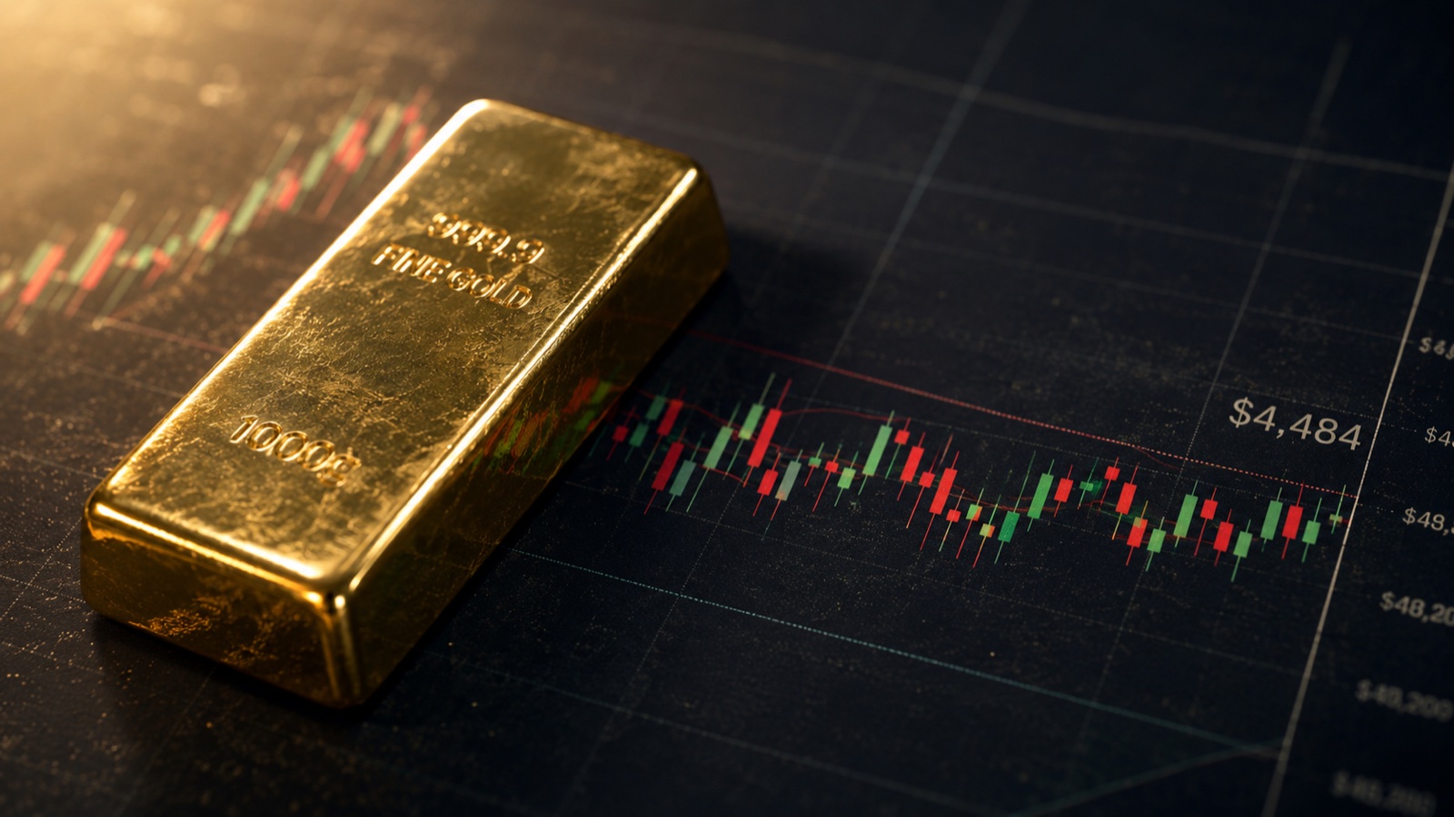 Close-up photograph of a gold bullion bar resting on a price chart illustrating Wednesday May 27 2026 commodity markets as XAU/USD spot trades near $4,484 per ounce after Monday's session high near $4,580 with the metal consolidating in the $4,480 to $4,540 range as the Hormuz war risk premium partially unwinds following the US-Iran 60-day Strait reopening framework outlined over Memorial Day weekend, the disinflation impulse from a lower oil tape trims the December FOMC tightening tail under new hawkish Chair Kevin Warsh sworn in May 23, the dollar index leaks on the energy-led softening of the US current account, and the 10-year Treasury yield consolidates in the 4.55 to 4.60 percent corridor as traders position into Friday's April PCE print expected to confirm the sticky 3.8 percent April CPI read