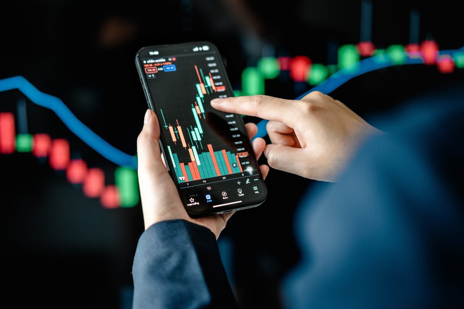 A hand holding a smartphone that displays a green and red candlestick trading chart against a blurred market chart background, illustrating the June 8 2026 ThriveInMarkets morning analysis as Bitcoin rebounded to about 63,200 dollars in a classic oversold bounce off its worst week since the 2022 FTX collapse, US stocks steadied after Friday's hot May jobs report set off a roughly 1 trillion dollar chip rout, gold slipped to a fresh 2026 low near 4,295 dollars, and WTI crude rebounded near 93 dollars with all eyes on the May Consumer Price Index due Wednesday June 10 ahead of the June 16 to 17 Federal Reserve meeting