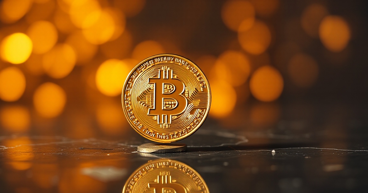 A shiny golden Bitcoin coin standing upright on a dark reflective surface with warm amber bokeh behind it, an illustrative image for the ThriveInMarkets June 15 2026 morning analysis noting Bitcoin rose about 2 percent to 65,627 dollars and Ethereum about 2.5 percent to 1,716 dollars as the US-Iran peace deal lifted risk appetite, with Bitcoin spot ETFs adding 85.8 million dollars of net inflows ahead of Kevin Warsh's first FOMC meeting