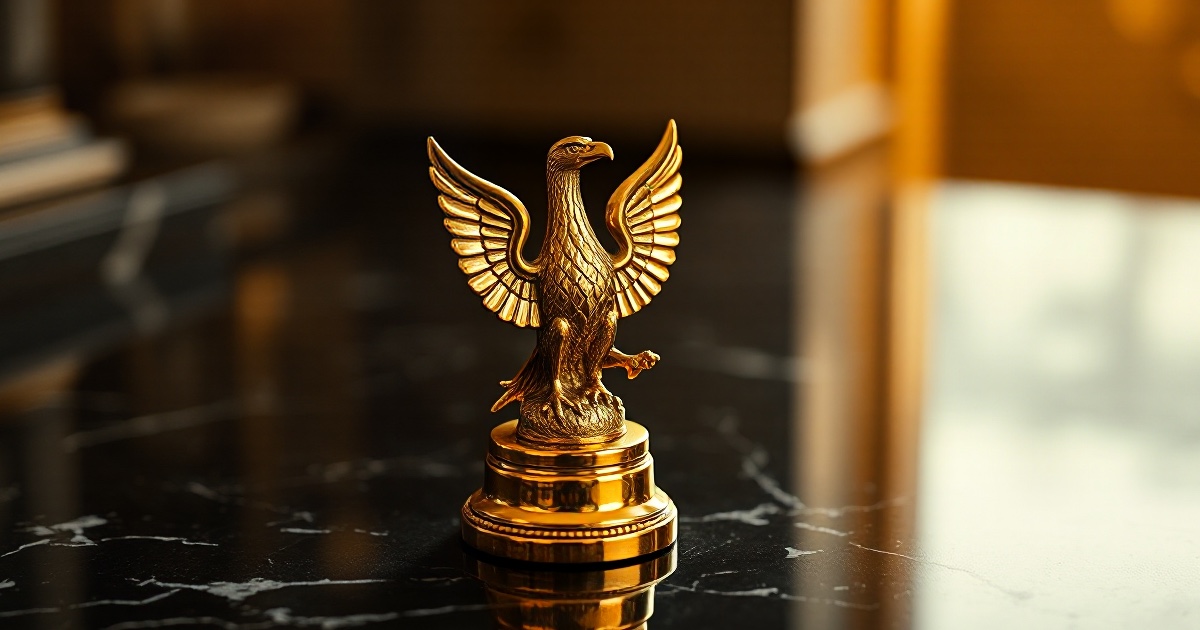 A polished brass eagle emblem statue stands on a dark reflective marble surface under dramatic warm amber light, illustrating the June 16 2026 ThriveInMarkets morning analysis as markets brace for Federal Reserve Chair Kevin Warsh's first FOMC decision and dot plot on Wednesday June 17, with a hold at 3.50 to 3.75 percent near-certain, while the Bank of Japan raised its policy rate to 1 percent, Bitcoin held near 66,400 dollars, gold eased to about 4,327 dollars and WTI crude steadied near 80.47 dollars