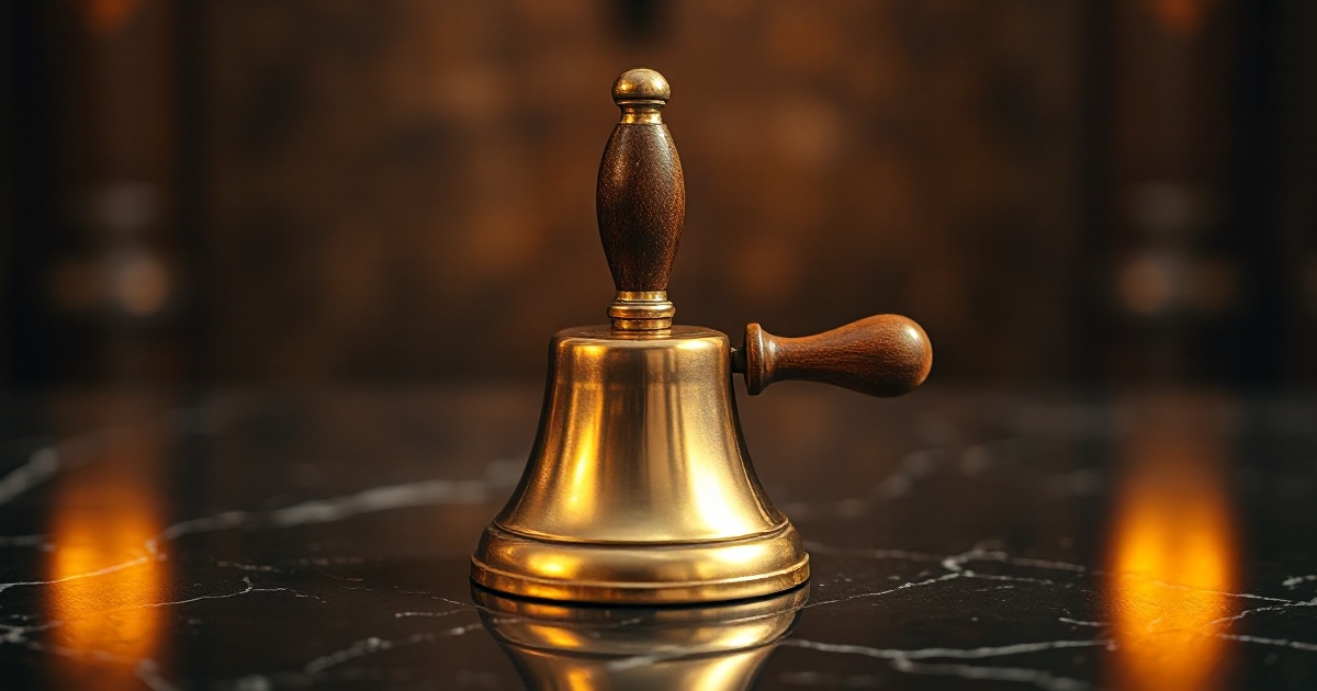 A polished brass hand bell with a wooden handle rests on a dark reflective marble surface under dramatic warm amber and gold rim light with soft glowing bokeh, illustrating the June 22 2026 ThriveInMarkets morning analysis as US stock and bond markets reopen after the Friday Juneteenth holiday to digest Kevin Warsh's first hawkish Federal Reserve dot plot, with nine of eighteen officials now projecting a 2026 rate hike, the two-year Treasury yield near 4.21 percent and the ten-year near 4.49 percent, while S&P 500 E-mini futures traded around 7,566.75 down about 0.19 percent overnight against a Thursday June 18 cash close of 7,500.58, Bitcoin steadied near 64,150 dollars up roughly 1.2 percent over 24 hours despite a long run of spot ETF outflows, Ethereum eased to about 1,747 dollars, WTI crude firmed near 77.54 dollars as the Strait of Hormuz reopening remains slow and spot gold held near 4,202 dollars
