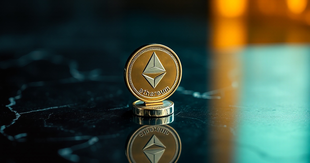 A single polished metallic Ethereum crypto coin engraved with the Ethereum diamond logo stands upright on a dark reflective black marble surface under dramatic cool teal and warm amber rim light with soft glowing bokeh, illustrating the June 24 2026 ThriveInMarkets morning analysis crypto section as Bitcoin held roughly flat near 62,700 dollars over 24 hours but remained down about 5.5 percent on the week, while Ethereum lagged the majors, easing about 3.9 percent over the same window toward the 1,670 dollar area as the broad risk-off move in technology and equities spilled into digital assets