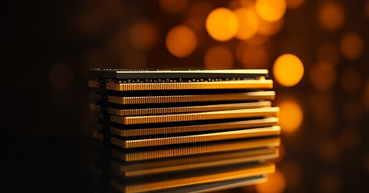 A stack of polished golden computer memory chip modules glows on a dark reflective surface under warm amber light with soft bokeh, illustrating the June 25 2026 ThriveInMarkets morning analysis Micron section as the memory maker reported record quarterly revenue of about 41.46 billion dollars and guided to roughly 49 to 51 billion dollars for the current quarter on strong AI-driven demand, sending its shares up about 15 percent after hours and lifting global semiconductor sentiment after a week-long chip rout