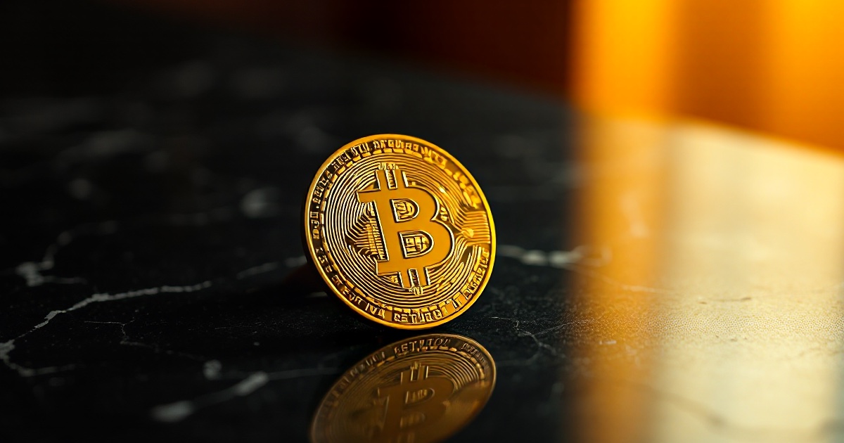 A single physical golden Bitcoin coin rests tilted on a dark reflective marble surface, half in shadow under warm amber rim light with soft glowing bokeh behind it, illustrating the June 26 2026 ThriveInMarkets morning analysis crypto section as Bitcoin held roughly flat near 60,422 dollars after dipping to a multi-year low around 58,000 midweek and Ethereum steadied near 1,580 dollars, with digital assets trading as high-beta risk amid a deepening global selloff in technology stocks