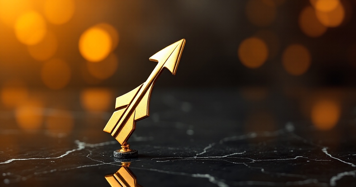 A single polished golden upward-pointing arrow sculpture rising at an angle on a dark reflective black marble surface under dramatic warm amber and gold rim light with soft glowing bokeh, illustrating the Monday June 29 2026 ThriveInMarkets morning analysis as US stock futures rebounded on a reported US-Iran agreement to halt attacks and meet in Doha, with S&P 500 futures up about 0.5 percent near 7,448 and Nasdaq 100 futures up about 0.9 percent after last week's 1.4 trillion dollar artificial-intelligence selloff, while Bitcoin clung to the 60,000 dollar level in extreme fear ahead of Thursday's pulled-forward June jobs report