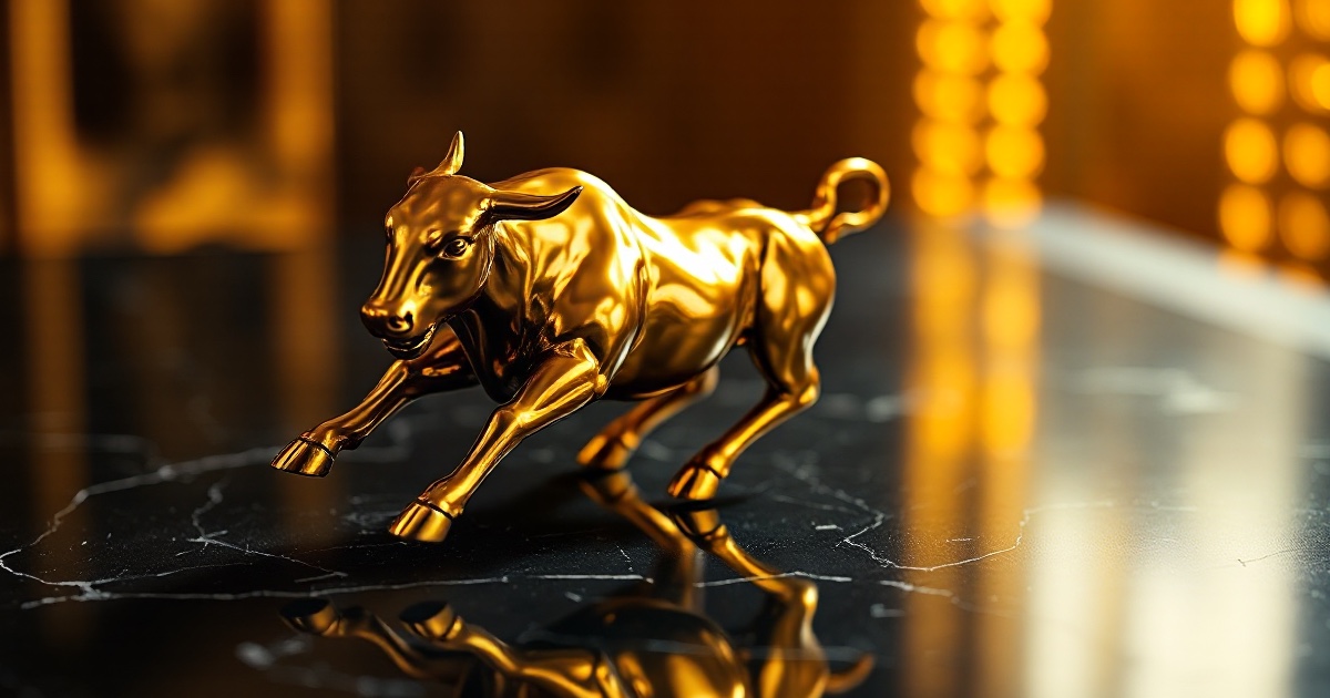 A single polished golden charging bull statue mid-stride on a dark reflective black marble surface under dramatic warm amber and gold rim light with soft glowing bokeh, illustrating the Tuesday June 30 2026 ThriveInMarkets morning analysis after Monday's tech-led rally pushed the Dow to a record close above 52,000, the S&P 500 up 1.18 percent to 7,440.43 and the Nasdaq up 2.07 percent, with S&P futures holding near 7,455 and China's manufacturing PMI beating at 50.3 ahead of Thursday's pulled-forward June jobs report