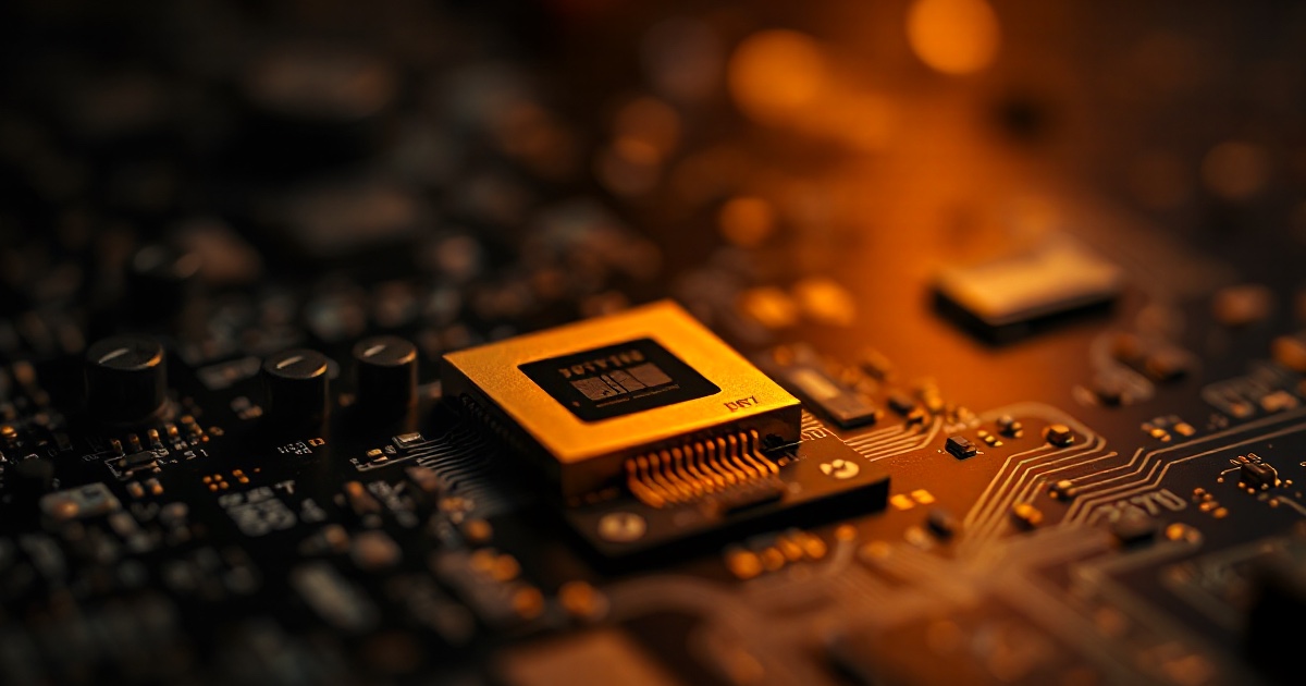 A single golden computer processor microchip resting on a dark circuit board under dramatic amber and gold rim light with soft bokeh, illustrating the ThriveInMarkets coverage of the semiconductor selloff on Wednesday July 8 2026 after a report that Chinese AI developer DeepSeek is building its own inference chip to reduce its reliance on Nvidia rattled chipmakers, with Samsung Electronics falling nearly 7 percent in Seoul and dragging the Kospi down about 5 percent despite guiding to a record second-quarter operating profit near 89 trillion won, as the VanEck Semiconductor ETF had already fallen more than 5 percent in Tuesday's reversal and Wall Street braced for the first FOMC minutes of the Kevin Warsh era due at 18:00 UTC.