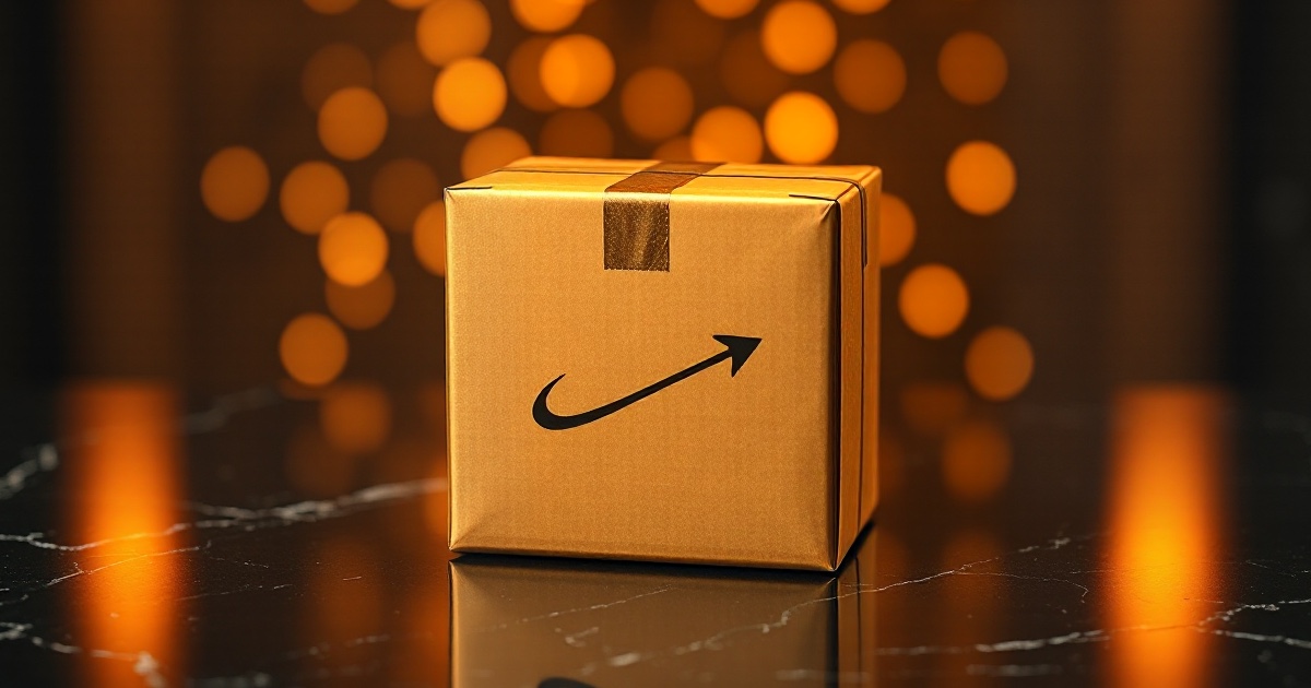 A single polished golden cardboard delivery parcel box sealed with tape and marked with a curved upward arrow, standing on a dark reflective black marble surface under dramatic amber and orange rim light with soft glowing golden bokeh behind it, used in the ThriveInMarkets morning analysis for Friday July 31 2026, the morning after Amazon reported second-quarter results that sent the stock up about 9 percent in extended trading as Amazon Web Services grew about 37 percent year over year, its fastest pace in 18 quarters, while Apple fell more than 4 percent despite a 22 percent jump in iPhone sales as investors focused on China weakness, capping Magnificent Seven earnings season the day after Microsoft's record roughly 15 percent surge lifted the S&P 500 to a 7,437.63 close, with S&P futures firming on Amazon ahead of the second-quarter Employment Cost Index, the ADP jobs report and final consumer sentiment, and with Bitcoin near 64,315 dollars, Ether near 1,887 dollars, gold easing to near 4,077 dollars as the Bank of Japan held rates at 1 percent, and WTI crude sliding to near 82.21 dollars